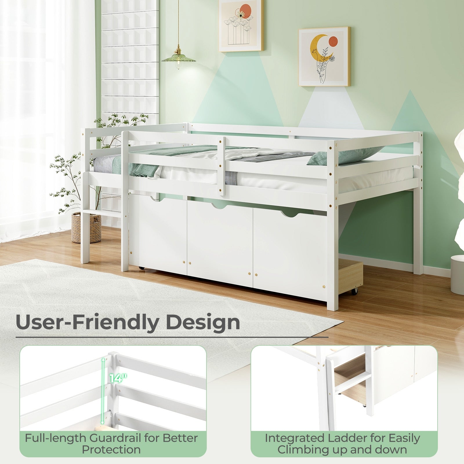 Twin Size Low Loft Bed with 3 Drawers with Ladder and Full-length Guardrails, White Trundle Bed Frame   at Gallery Canada