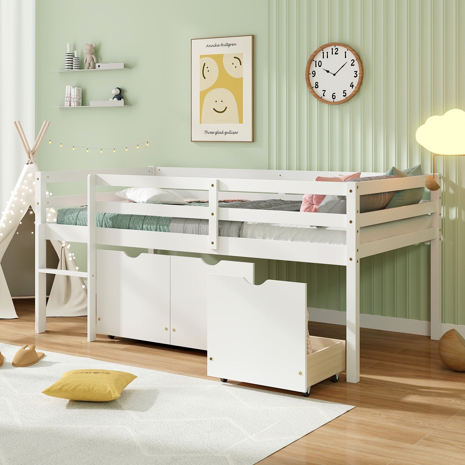 Twin Size Low Loft Bed with 3 Drawers with Ladder and Full-length Guardrails, White Trundle Bed Frame   at Gallery Canada