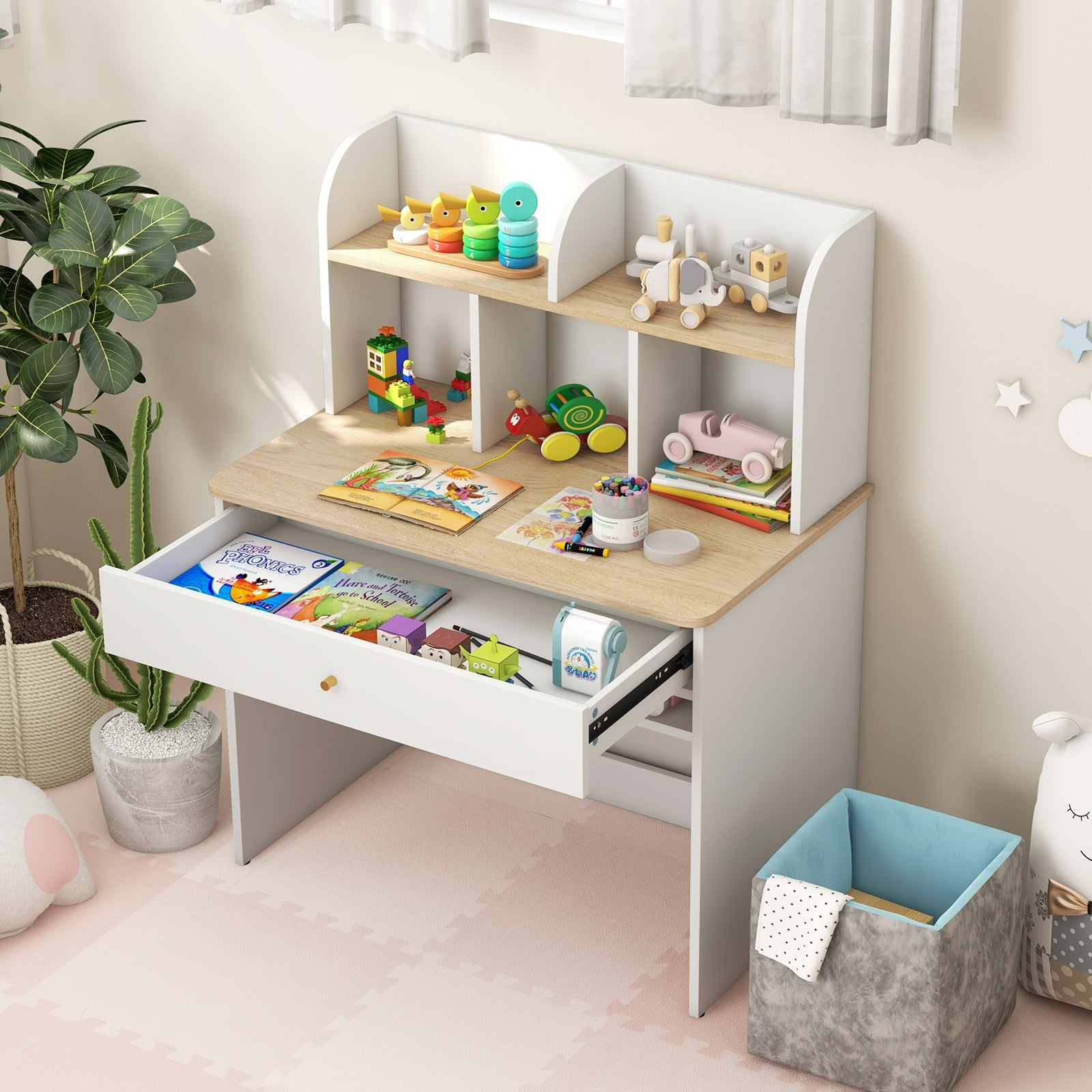 Kids Wooden Study Desk Writing Table with Hutch and Drawer, White Kids Table & Chair Sets   at Gallery Canada