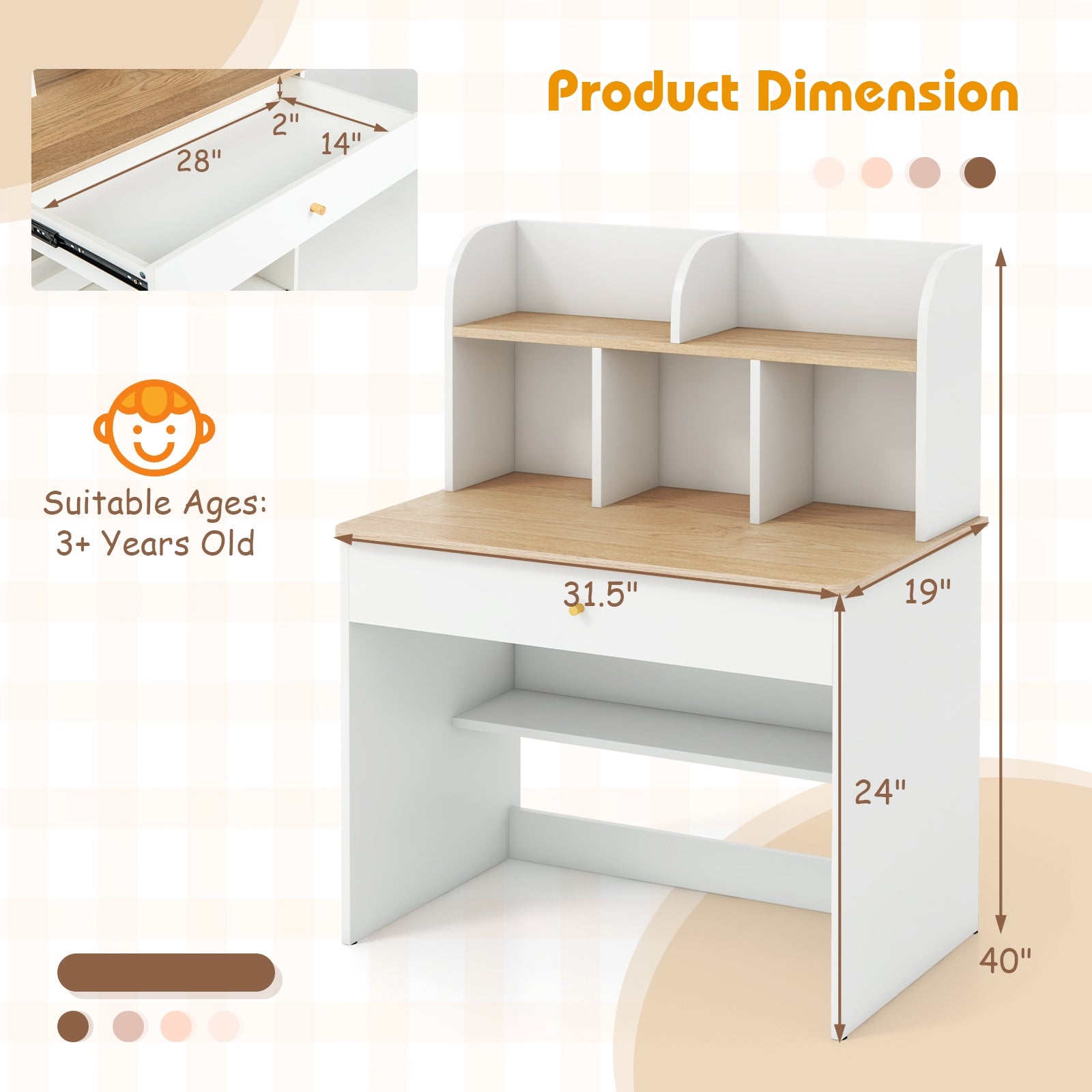 Kids Wooden Study Desk Writing Table with Hutch and Drawer, White Kids Table & Chair Sets   at Gallery Canada