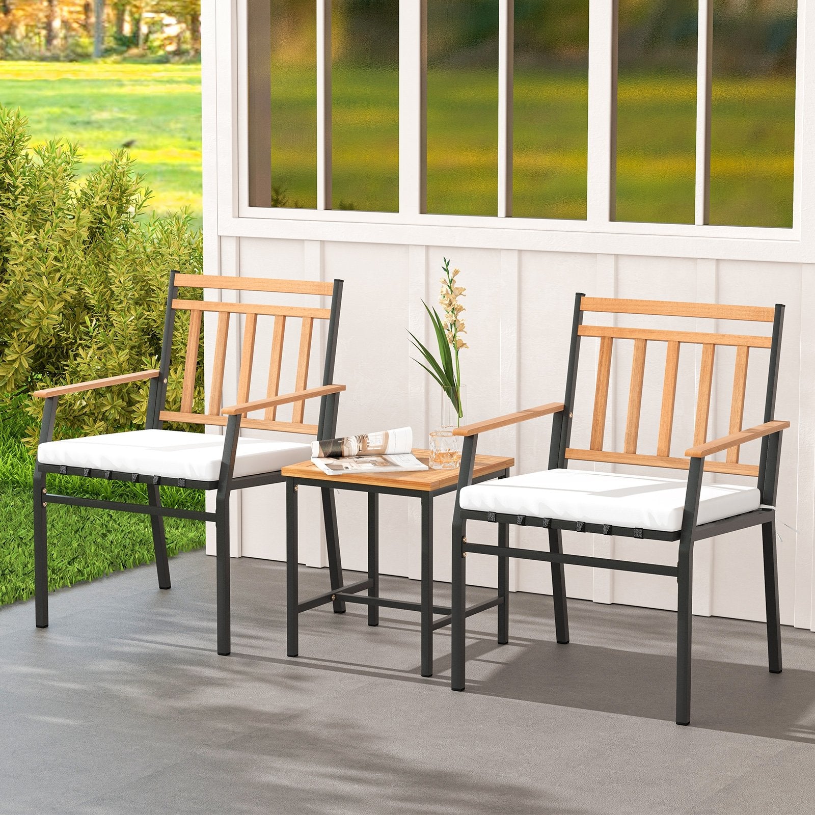 3 Pieces Outdoor Furniture Set Acacia Wood Patio Conversation Set with Cushions, White Patio Conversation Sets   at Gallery Canada
