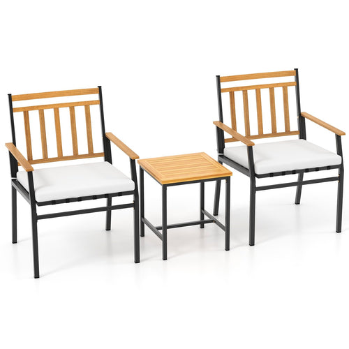 3 Pieces Outdoor Furniture Set Acacia Wood Patio Conversation Set with Cushions, White