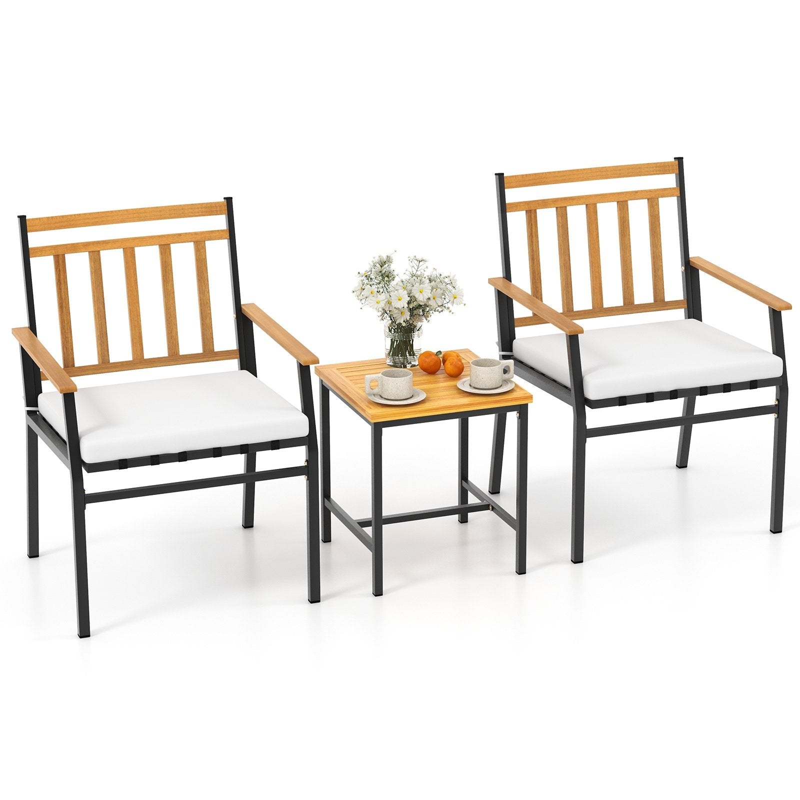 3 Pieces Outdoor Furniture Set Acacia Wood Patio Conversation Set with Cushions, White Patio Conversation Sets   at Gallery Canada