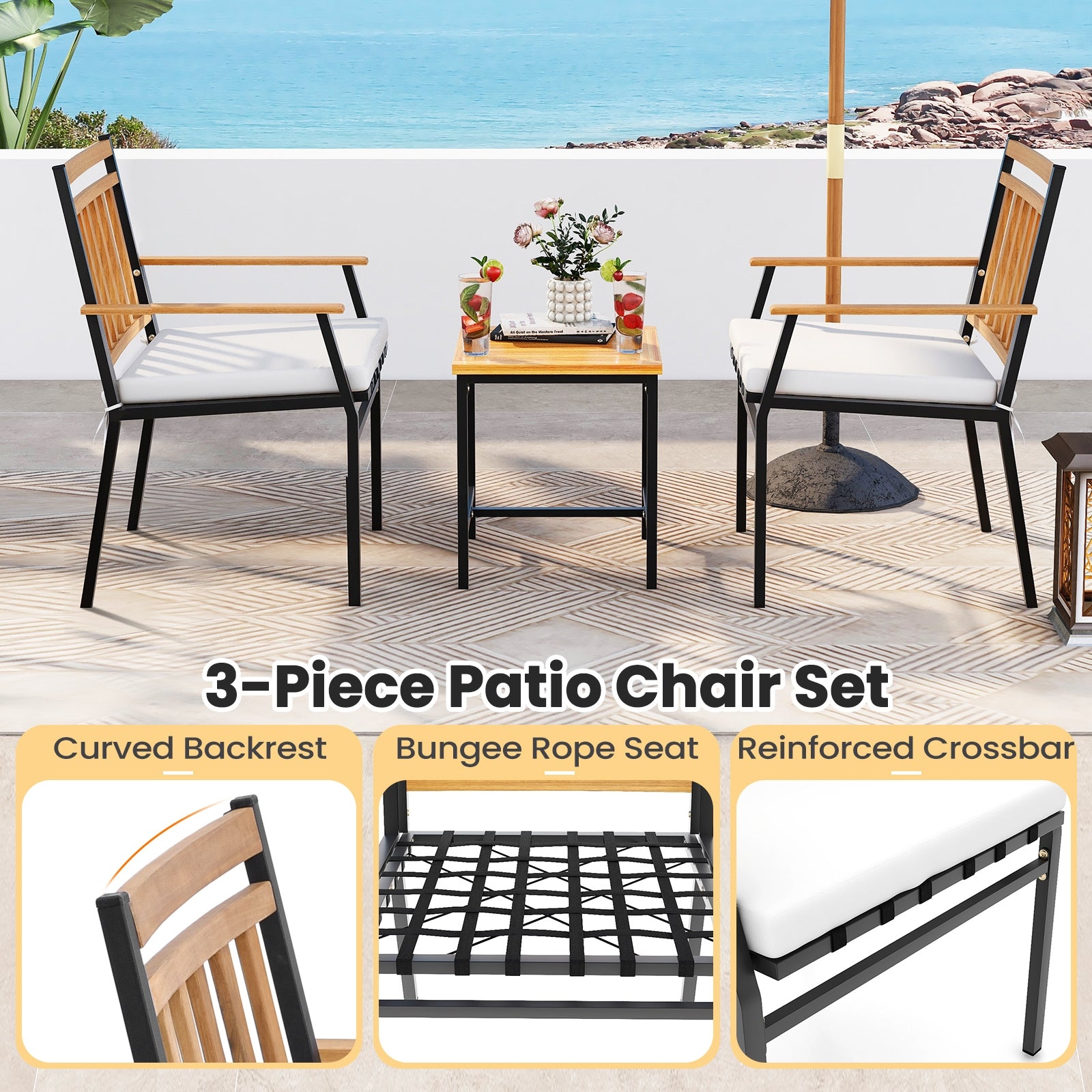 3 Pieces Outdoor Furniture Set Acacia Wood Patio Conversation Set with Cushions, White Patio Conversation Sets   at Gallery Canada