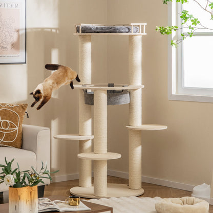 5-level Wooden Cat Tree with Padded Perch Non-woven Hammock, Gray Cat Trees Condos & Scratchers   at Gallery Canada