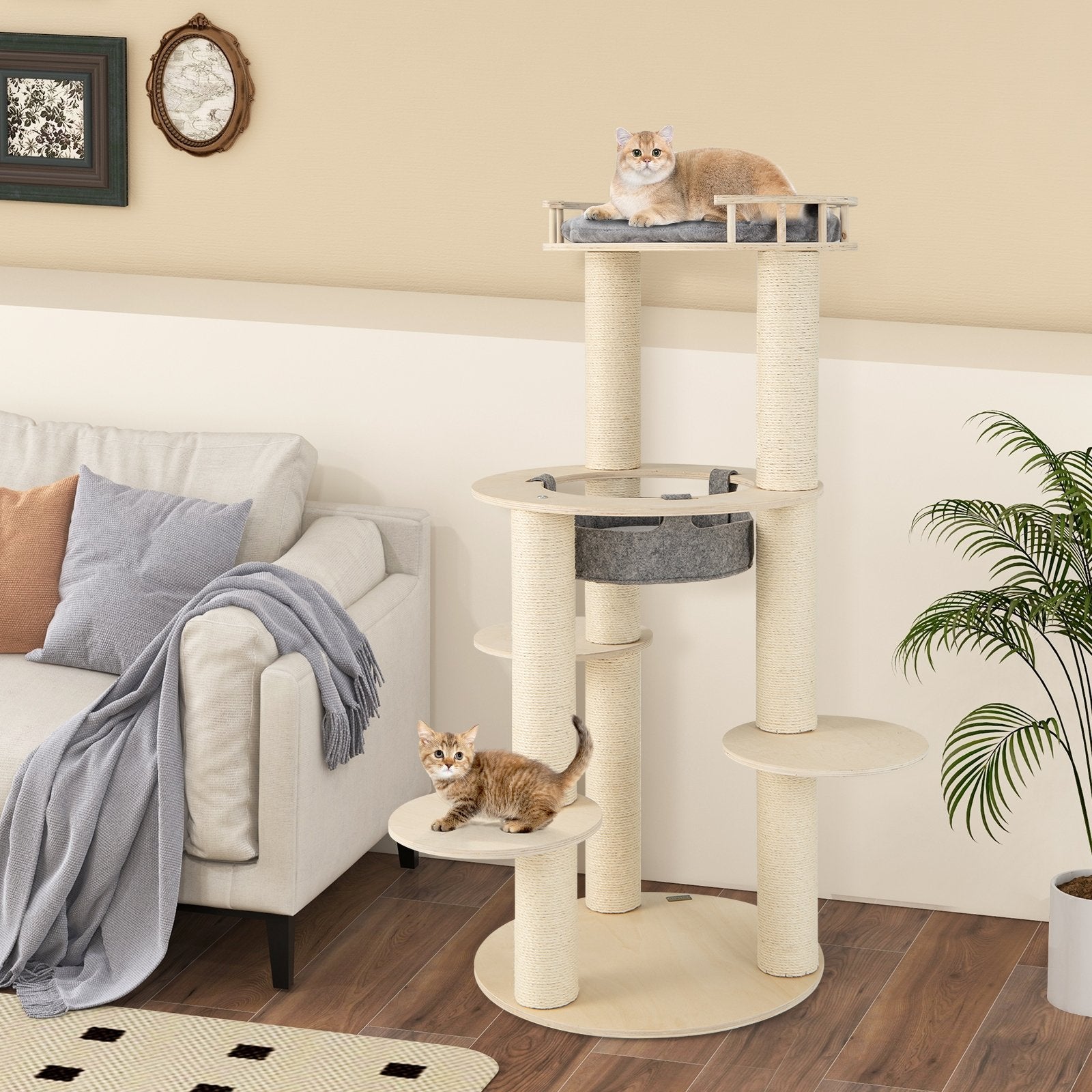 5-level Wooden Cat Tree with Padded Perch Non-woven Hammock, Gray Cat Trees Condos & Scratchers   at Gallery Canada