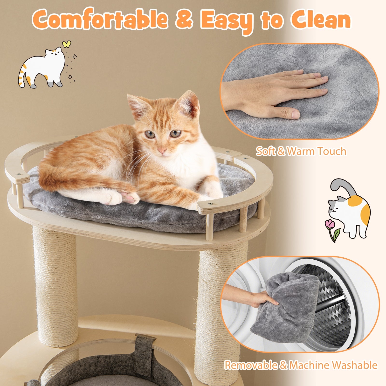 5-level Wooden Cat Tree with Padded Perch Non-woven Hammock, Gray Cat Trees Condos & Scratchers   at Gallery Canada