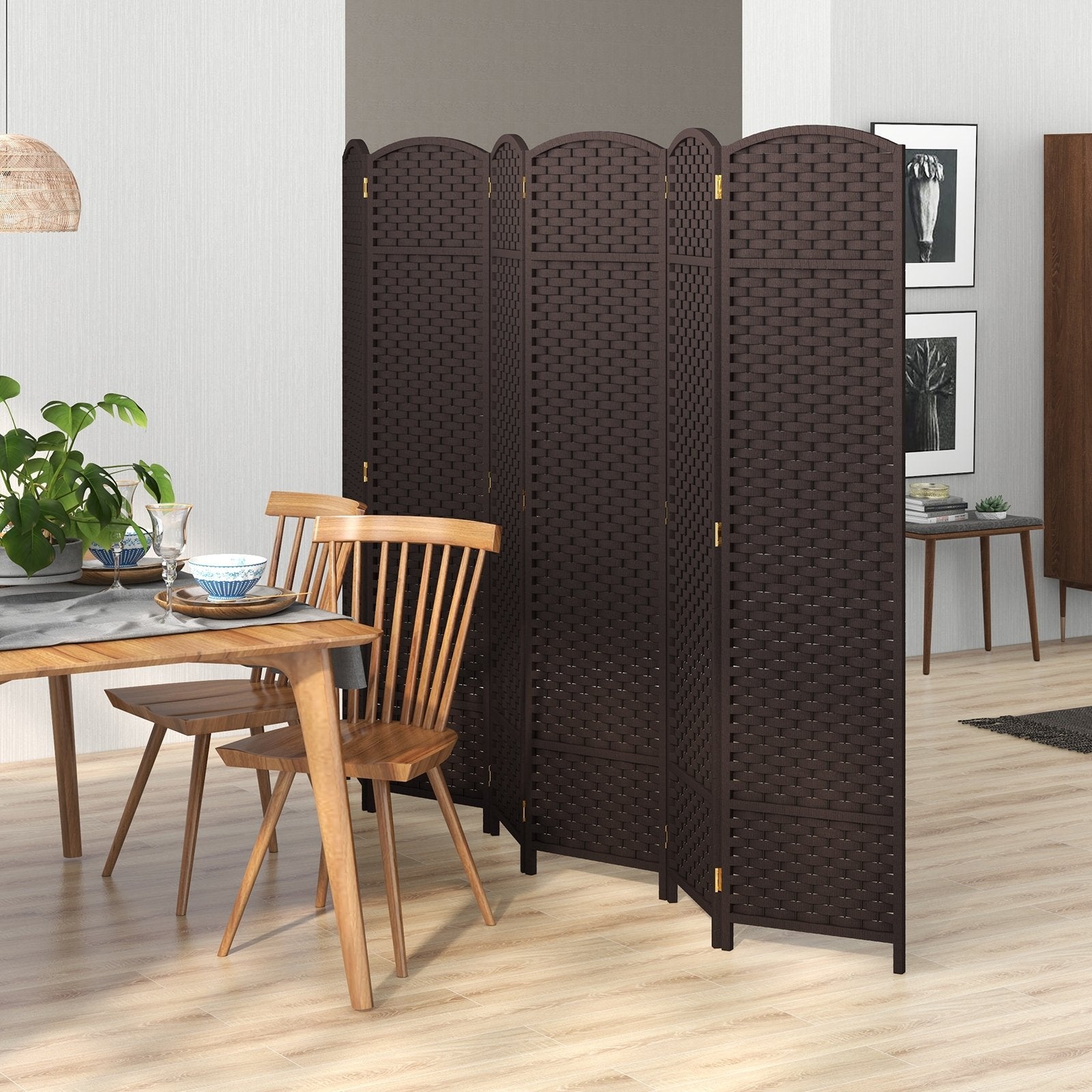 6-Panel Room Divider 5.6 FT Tall Folding Privacy Screen with Hand-woven Texture, Brown Room Dividers   at Gallery Canada