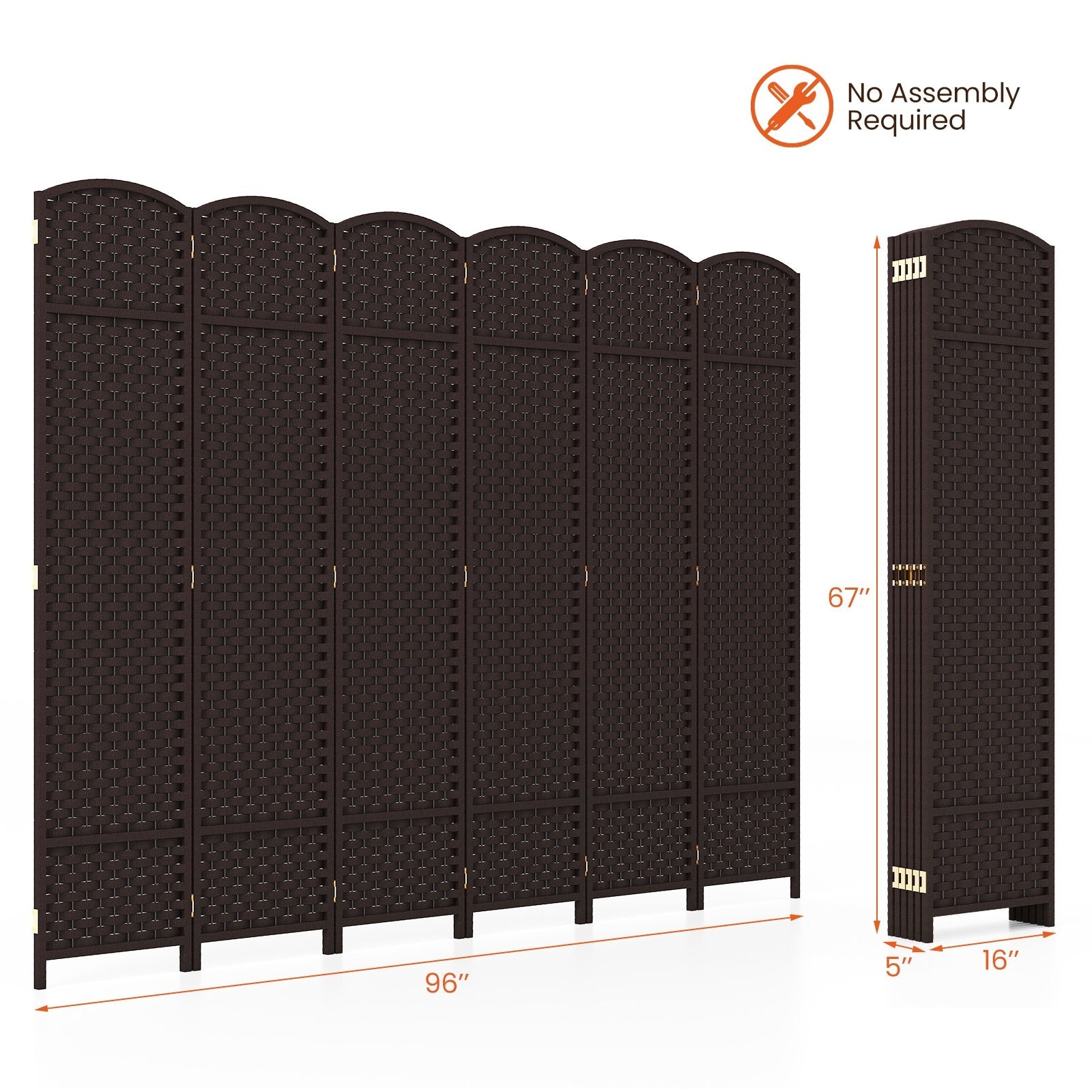 6-Panel Room Divider 5.6 FT Tall Folding Privacy Screen with Hand-woven Texture, Brown Room Dividers   at Gallery Canada