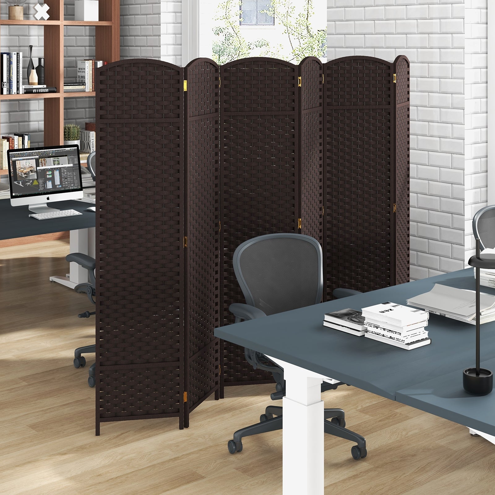 6-Panel Room Divider 5.6 FT Tall Folding Privacy Screen with Hand-woven Texture, Brown Room Dividers   at Gallery Canada