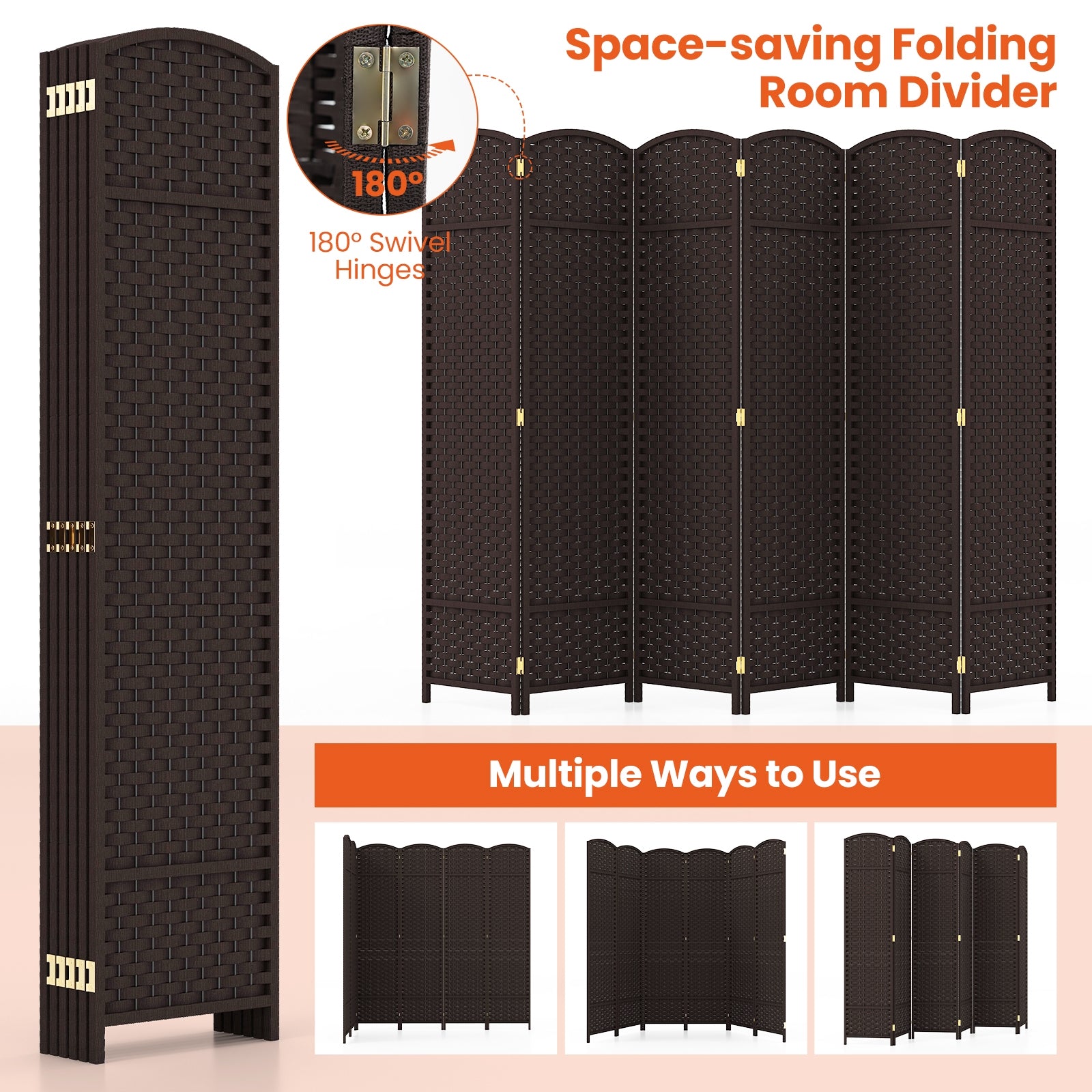 6-Panel Room Divider 5.6 FT Tall Folding Privacy Screen with Hand-woven Texture, Brown Room Dividers   at Gallery Canada