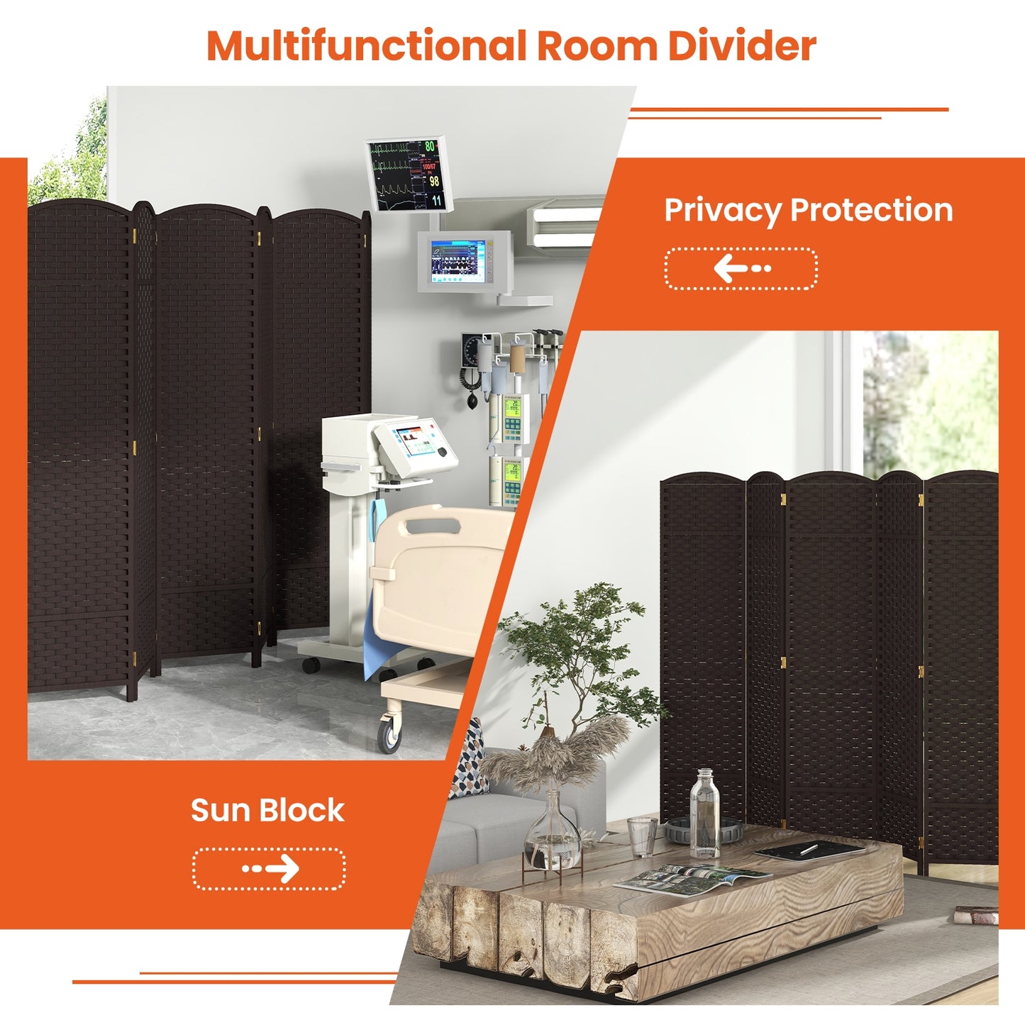 6-Panel Room Divider 5.6 FT Tall Folding Privacy Screen with Hand-woven Texture, Brown Room Dividers   at Gallery Canada