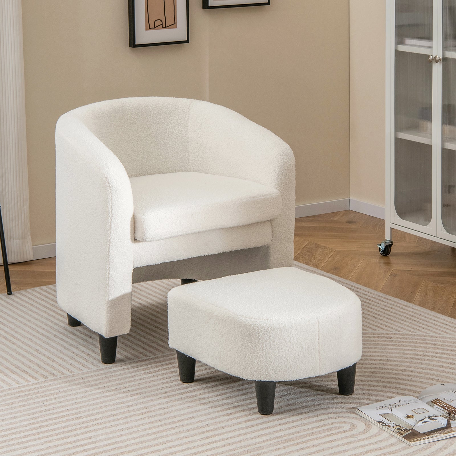 Modern Upholstered Barrel Teddy Velvet Chair with Ottoman, Beige Ottomans   at Gallery Canada