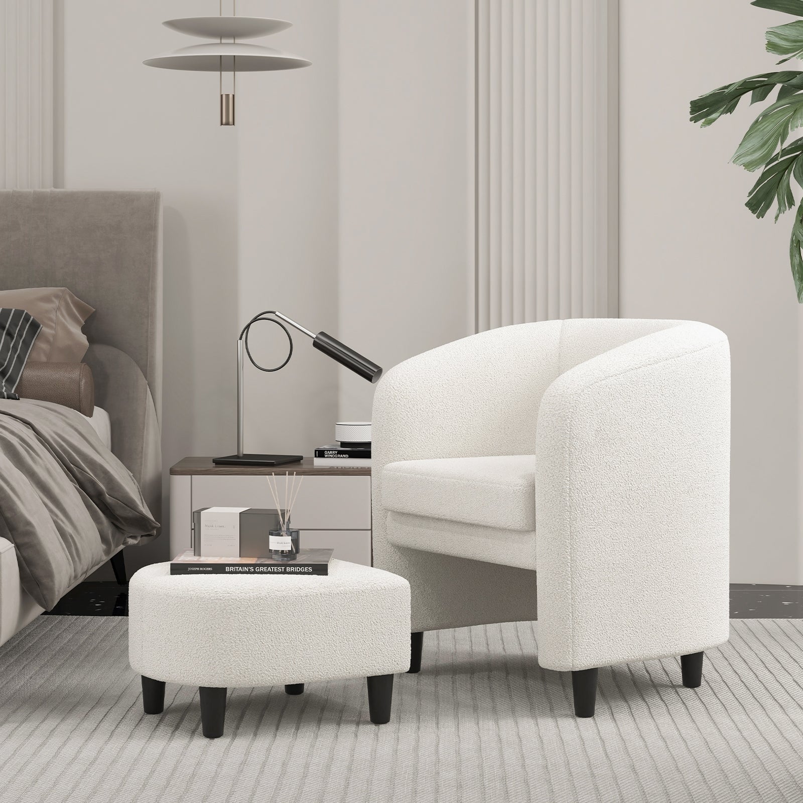 Modern Upholstered Barrel Teddy Velvet Chair with Ottoman, Beige Ottomans   at Gallery Canada