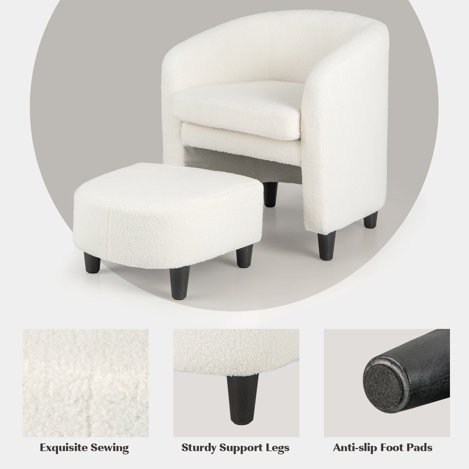 Modern Upholstered Barrel Teddy Velvet Chair with Ottoman, Beige Ottomans   at Gallery Canada