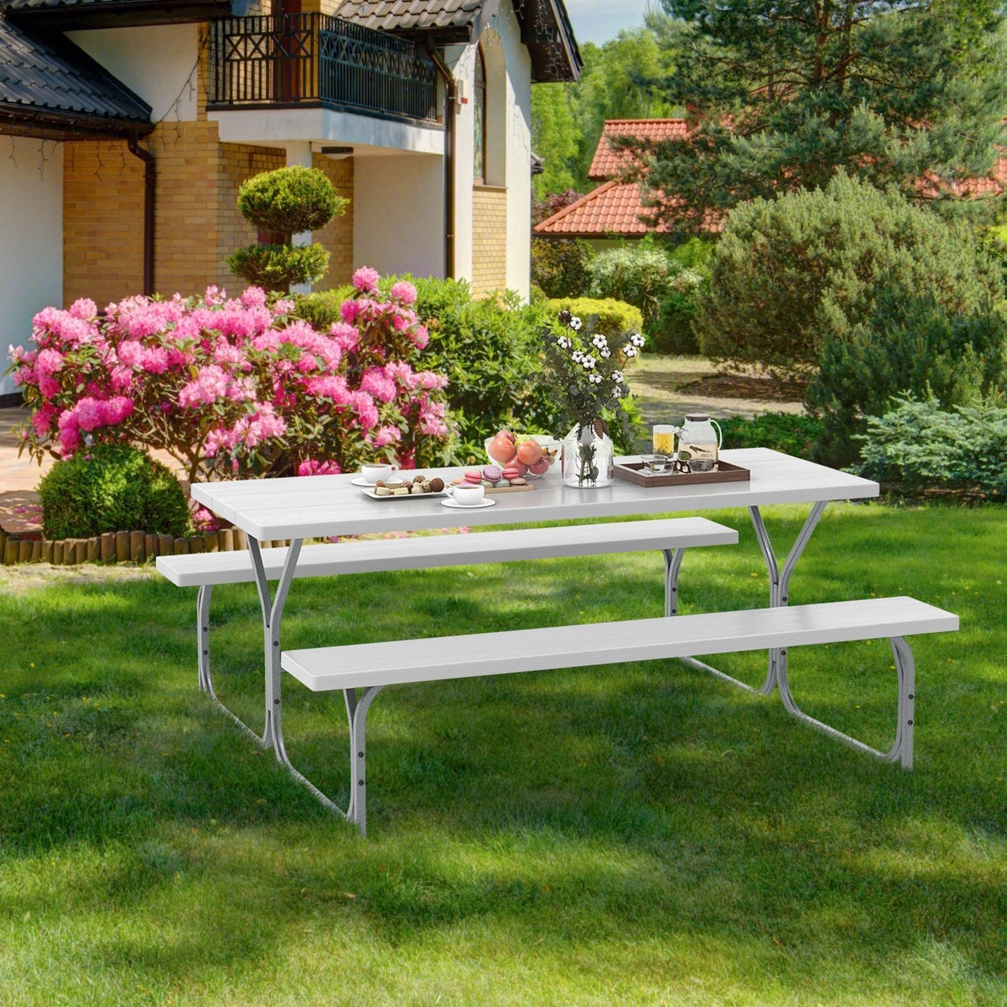 6 FT Picnic Table Bench Set Dining Table and 2 Benches with Metal Frame and HDPE Tabletop, White Picnic Tables   at Gallery Canada