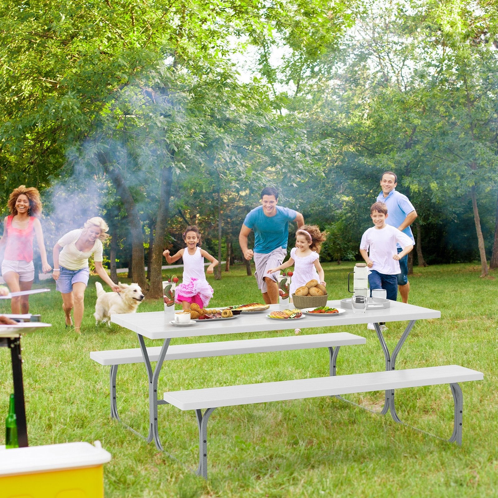 6 FT Picnic Table Bench Set Dining Table and 2 Benches with Metal Frame and HDPE Tabletop, White Picnic Tables   at Gallery Canada