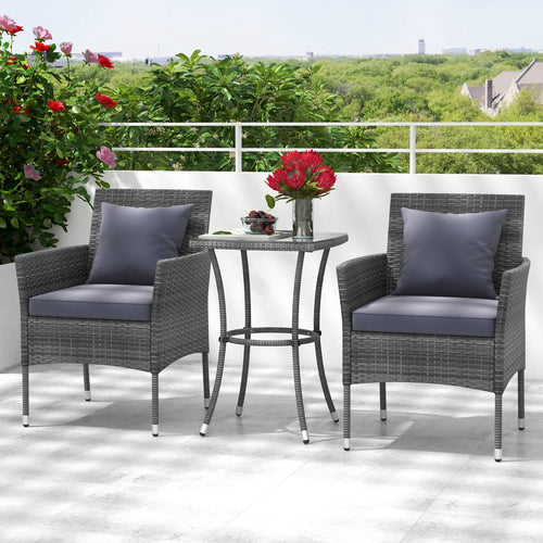 3 Pieces Patio Furniture Set with Cushioned Patio Chairs and Tempered Glass Coffee Table, Gray