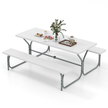 6 FT Picnic Table Bench Set Dining Table and 2 Benches with Metal Frame and HDPE Tabletop, White Picnic Tables   at Gallery Canada