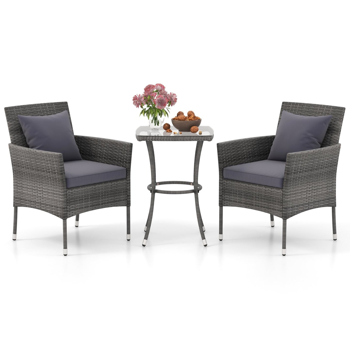 3 Pieces Patio Furniture Set with Cushioned Patio Chairs and Tempered Glass Coffee Table, Gray Patio Conversation Sets   at Gallery Canada