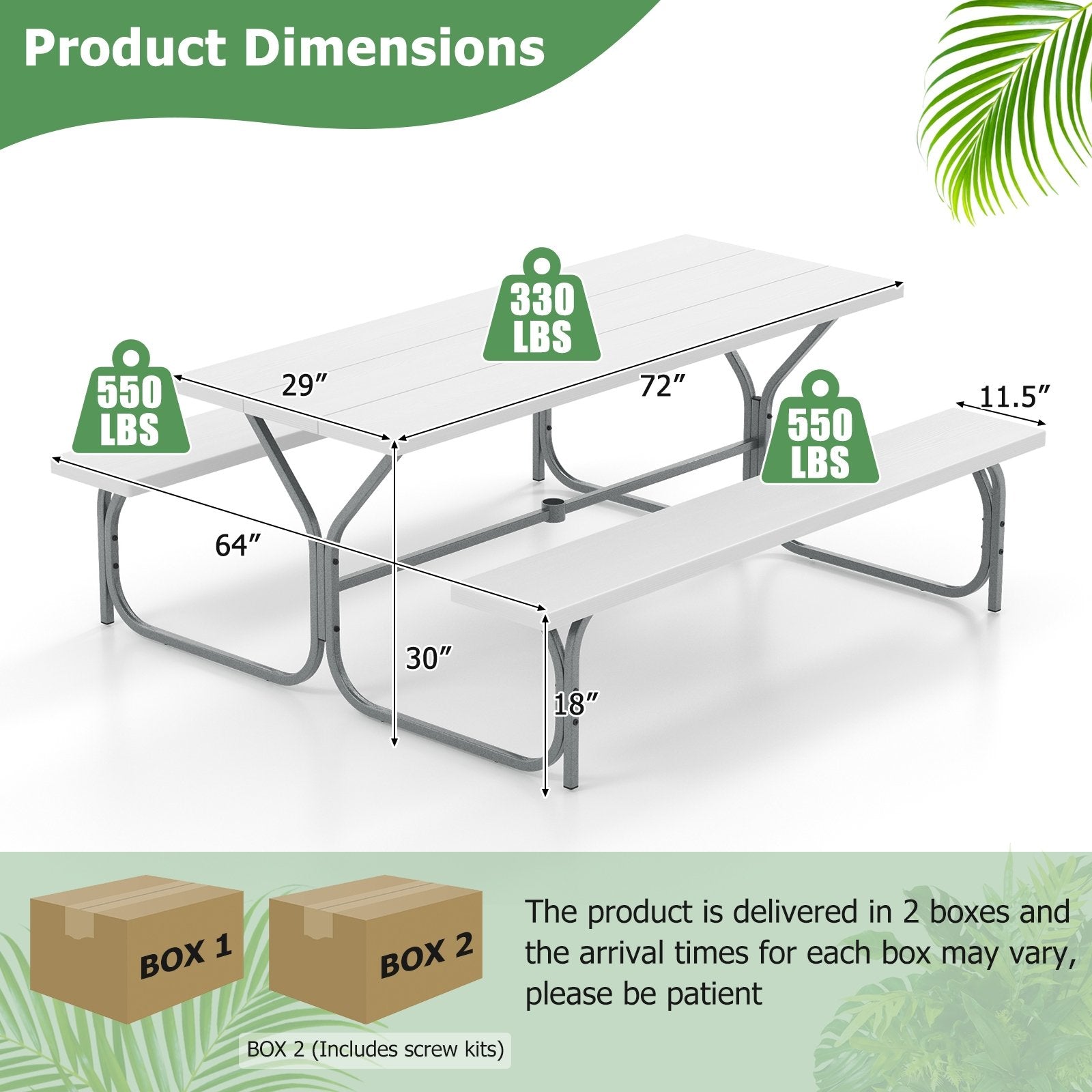 6 FT Picnic Table Bench Set Dining Table and 2 Benches with Metal Frame and HDPE Tabletop, White Picnic Tables   at Gallery Canada