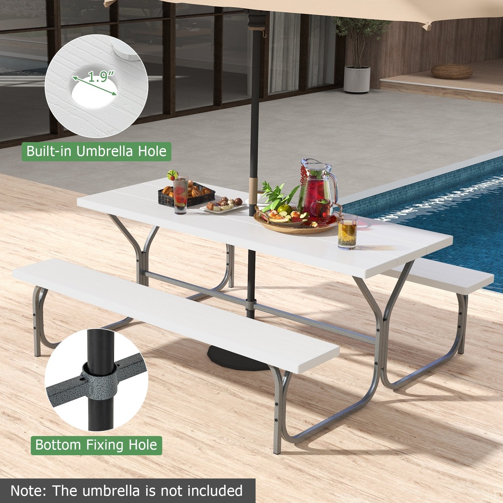 6 FT Picnic Table Bench Set Dining Table and 2 Benches with Metal Frame and HDPE Tabletop, White Picnic Tables   at Gallery Canada