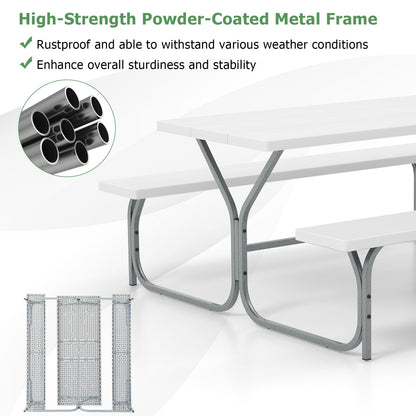 6 FT Picnic Table Bench Set Dining Table and 2 Benches with Metal Frame and HDPE Tabletop, White Picnic Tables   at Gallery Canada