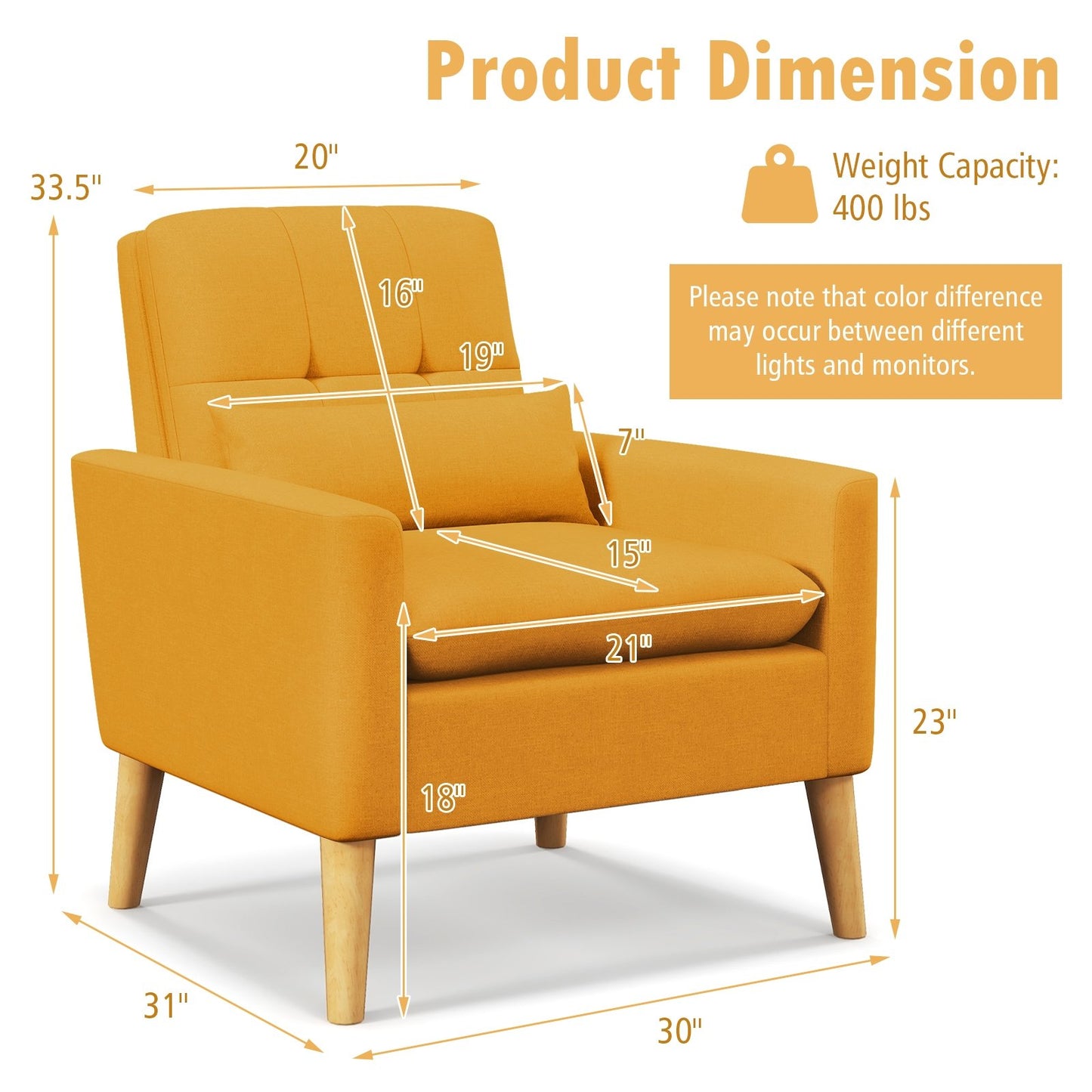 Accent Chair with Lumbar Pillow  Natural Rubber Wood Legs  Padded Cushions, Yellow Accent Chairs   at Gallery Canada