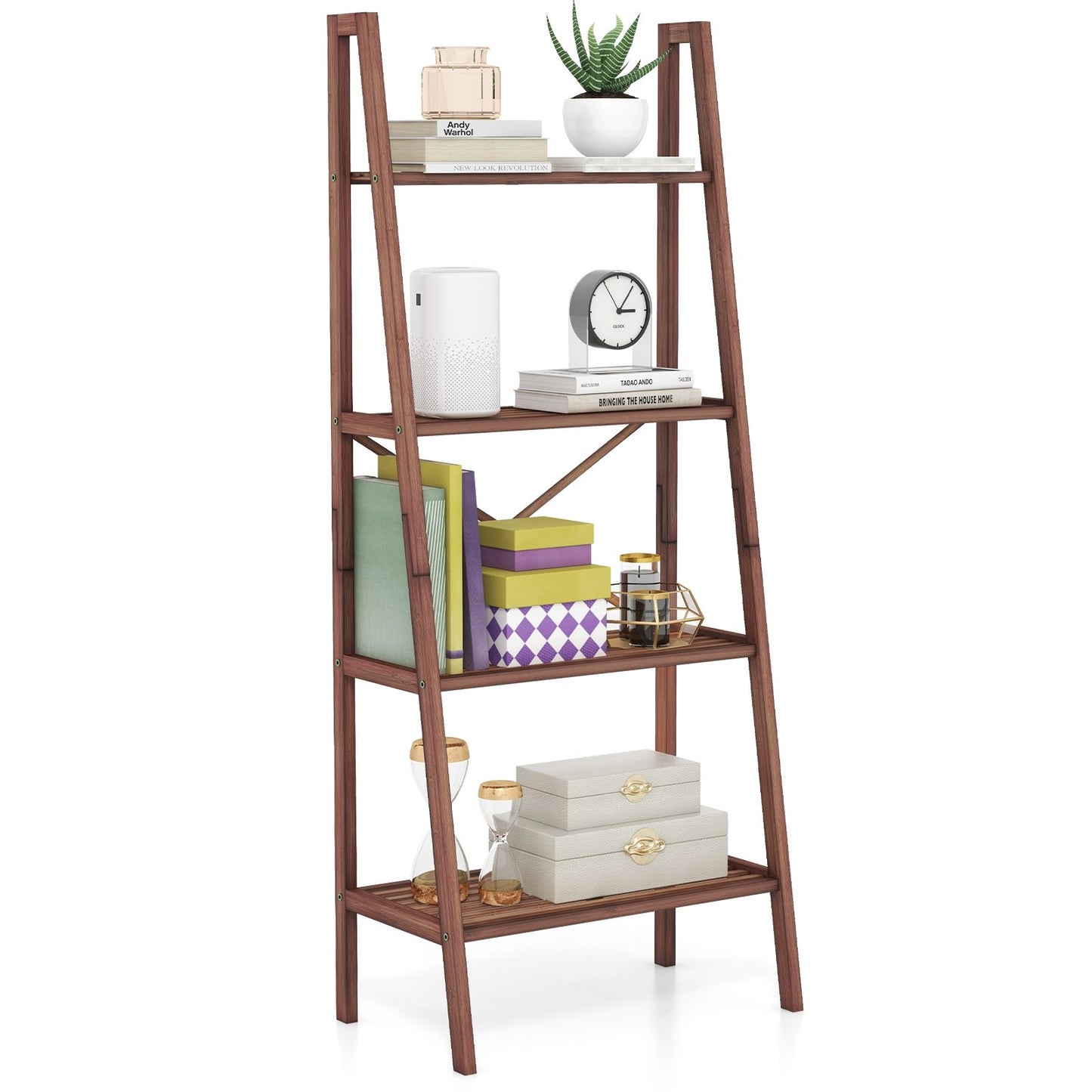 58 Inch 4-Tier Bamboo Ladder Bookshelf, Walnut Bookcases   at Gallery Canada