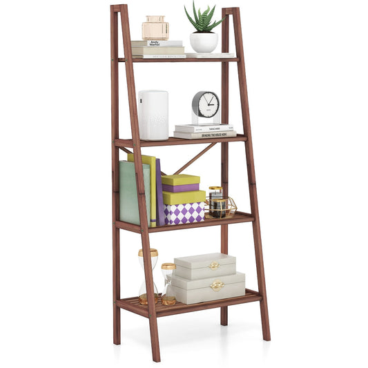 58 Inch 4-Tier Bamboo Ladder Bookshelf, Walnut Bookcases Walnut  at Gallery Canada