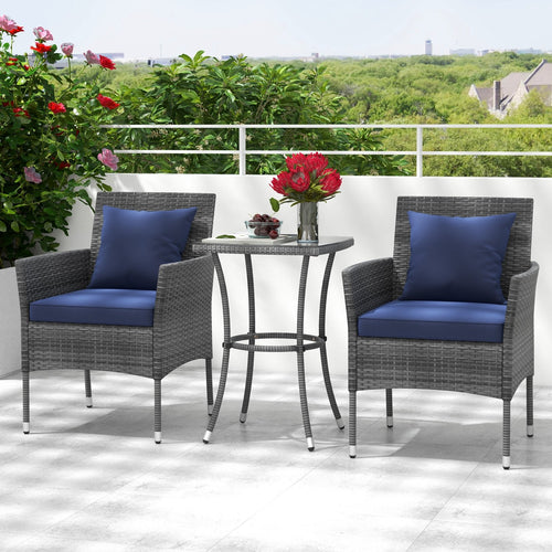 3 Pieces Patio Furniture Set with Cushioned Patio Chairs and Tempered Glass Coffee Table, Navy