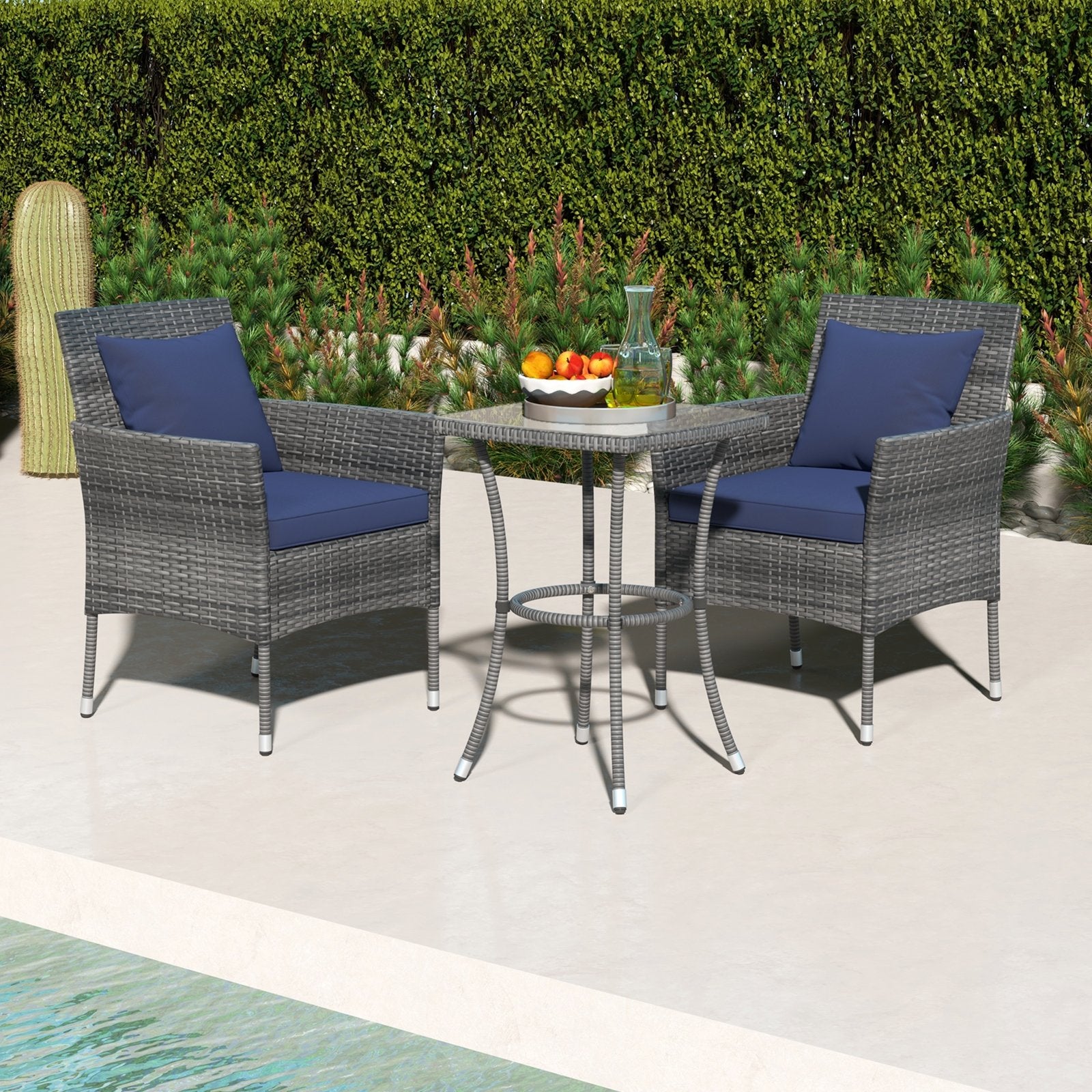 3 Pieces Patio Furniture Set with Cushioned Patio Chairs and Tempered Glass Coffee Table, Navy Patio Conversation Sets   at Gallery Canada