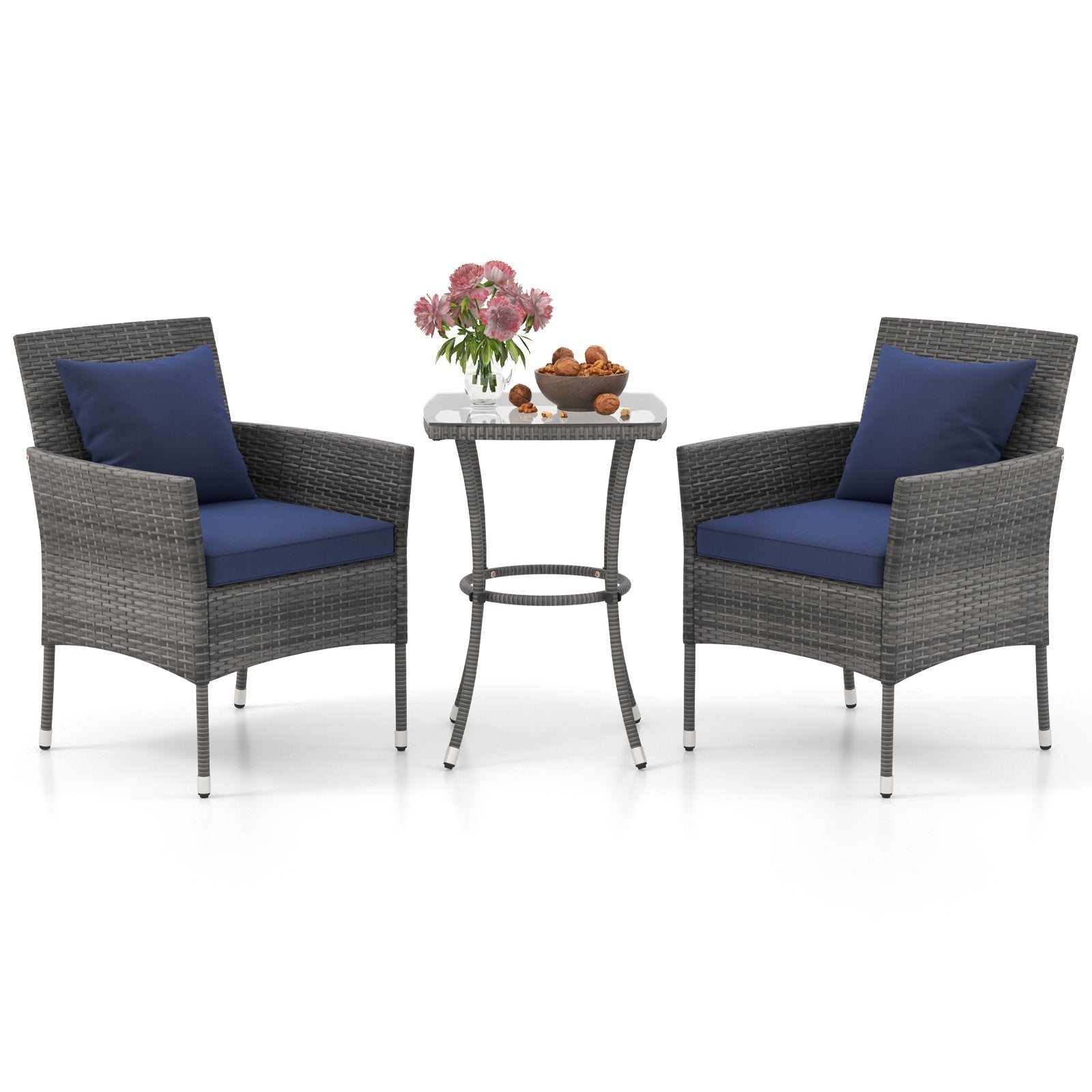 3 Pieces Patio Furniture Set with Cushioned Patio Chairs and Tempered Glass Coffee Table, Navy Patio Conversation Sets   at Gallery Canada