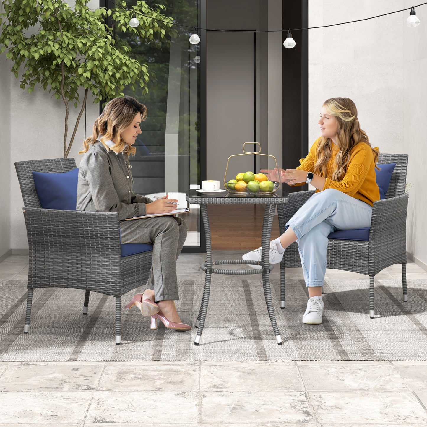 3 Pieces Patio Furniture Set with Cushioned Patio Chairs and Tempered Glass Coffee Table, Navy Patio Conversation Sets   at Gallery Canada