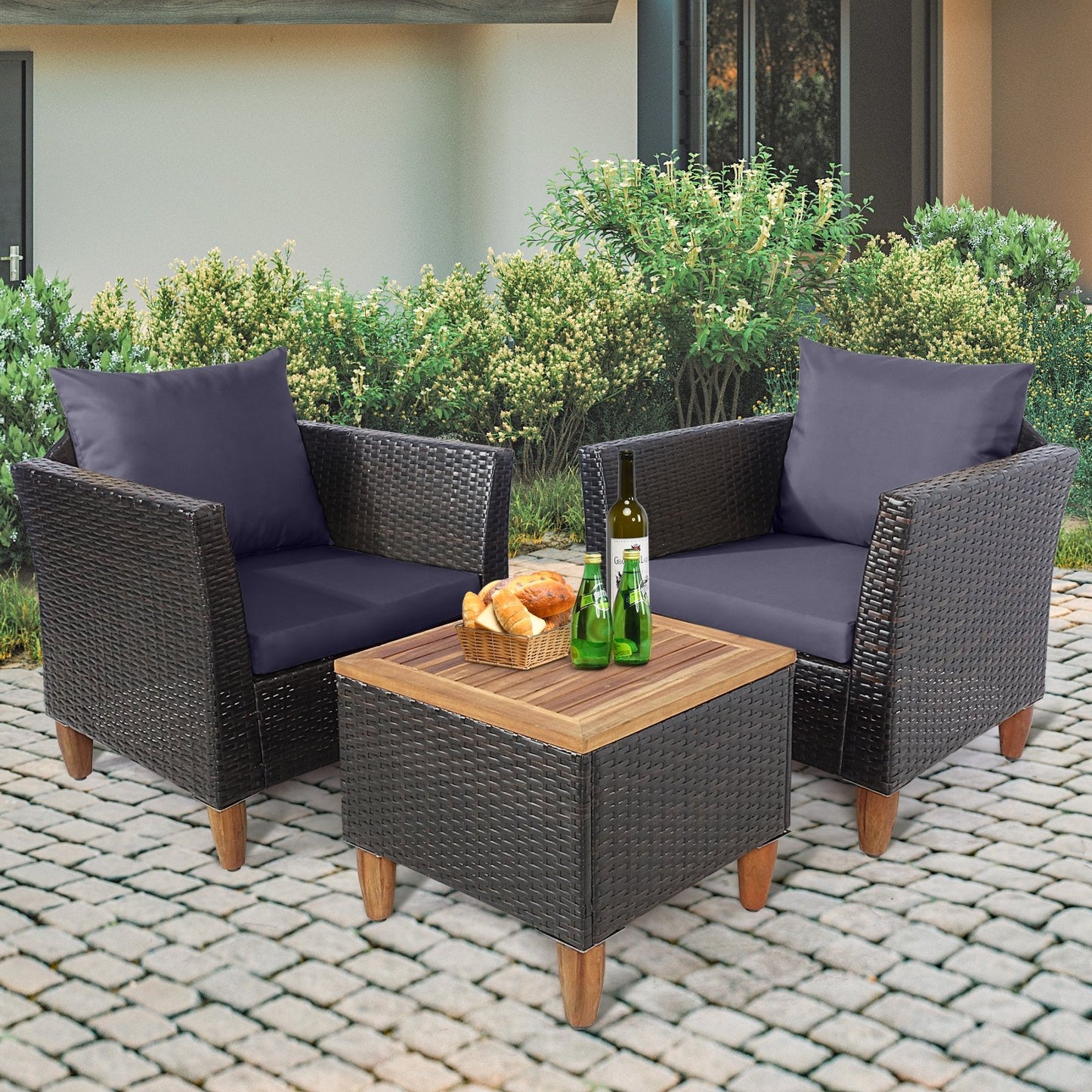 3 Pieces Patio Rattan Bistro Furniture Set with Wooden Table Top, Gray Patio Conversation Sets   at Gallery Canada