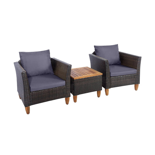 3 Pieces Patio Rattan Bistro Furniture Set with Wooden Table Top, Gray Patio Conversation Sets Gray  at Gallery Canada