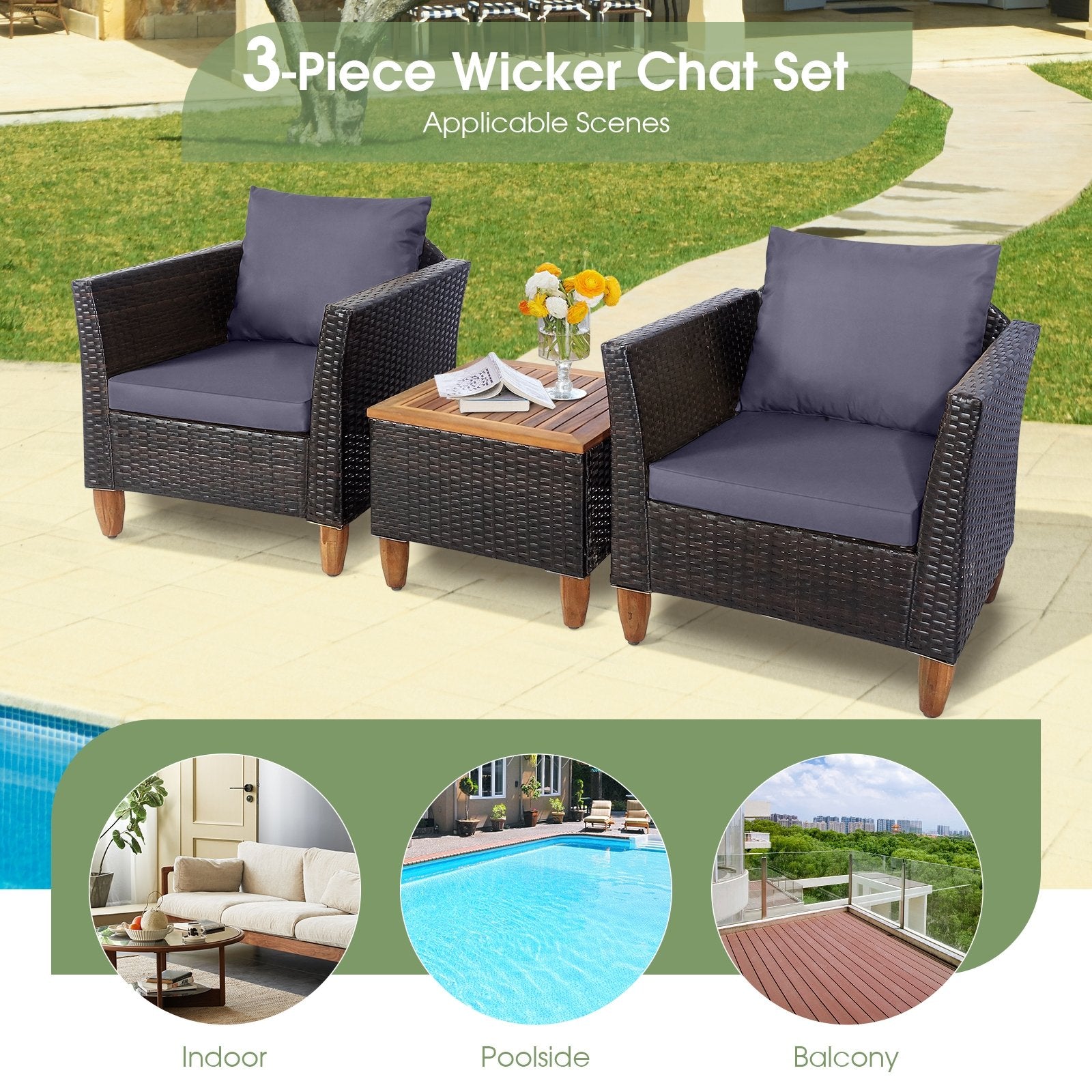 3 Pieces Patio Rattan Bistro Furniture Set with Wooden Table Top, Gray Patio Conversation Sets   at Gallery Canada