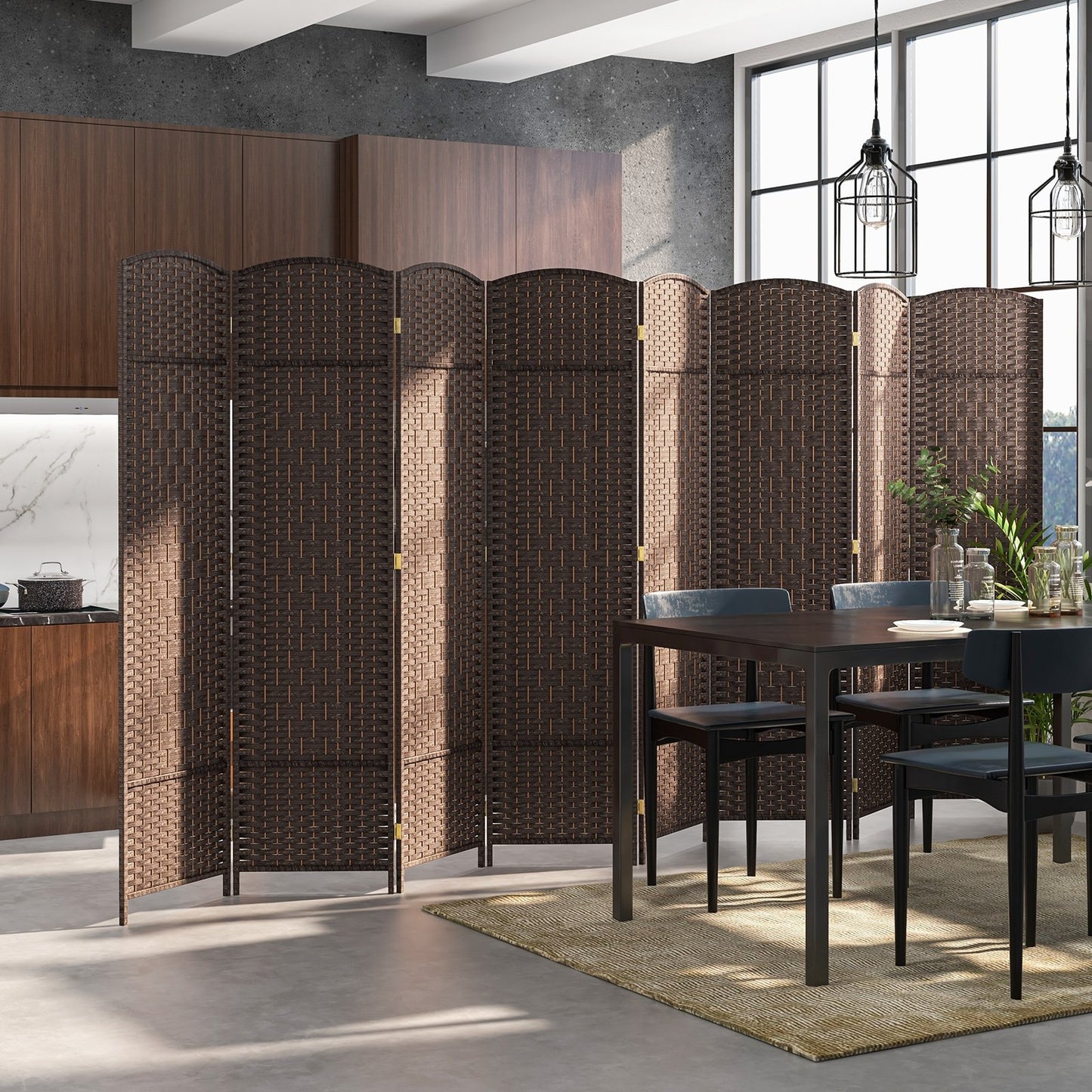 8-Panel Folding Room Divider with Hand-Woven Texture and Solid Wood Frame-Bown, Brown Room Dividers   at Gallery Canada