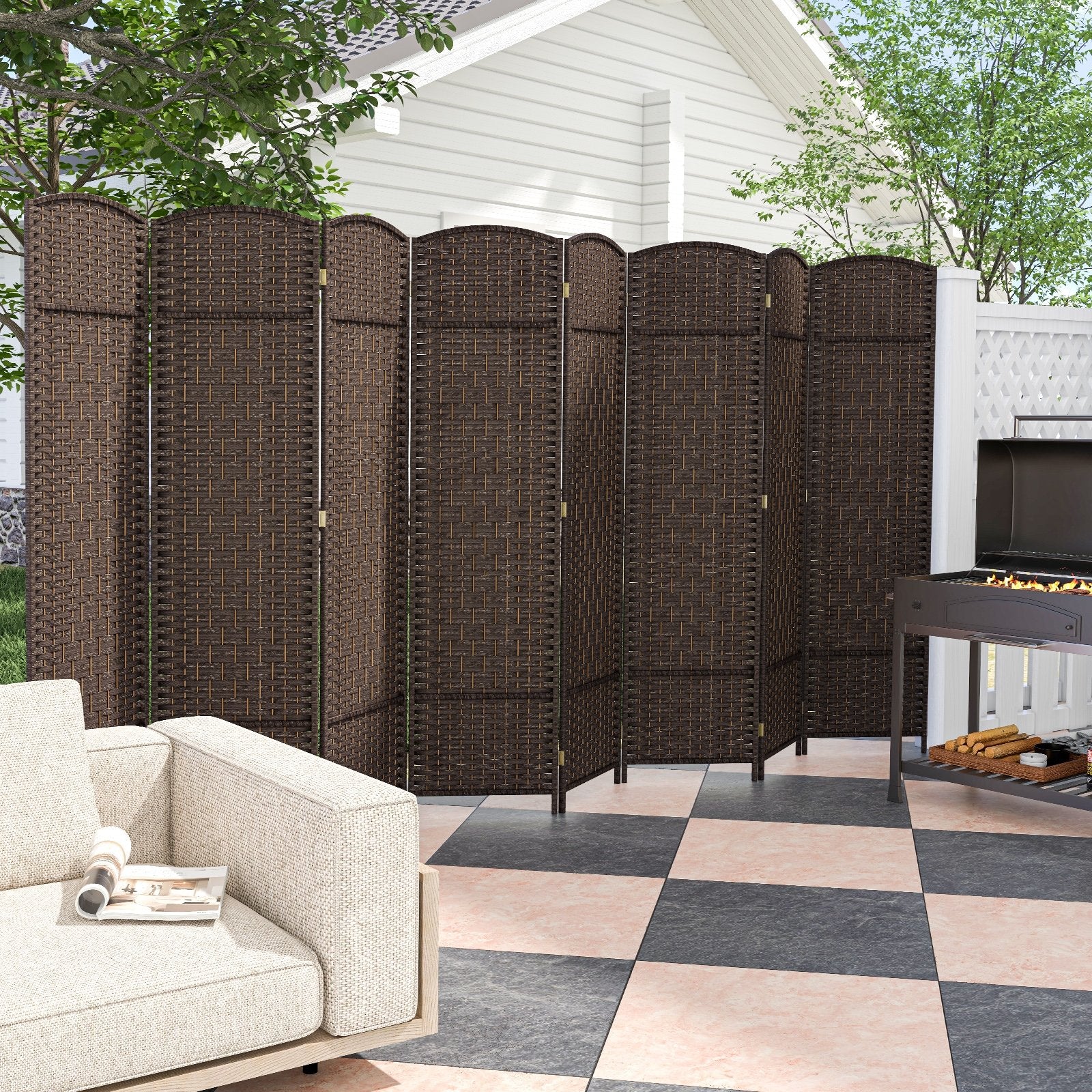 8-Panel Folding Room Divider with Hand-Woven Texture and Solid Wood Frame-Bown, Brown Room Dividers   at Gallery Canada