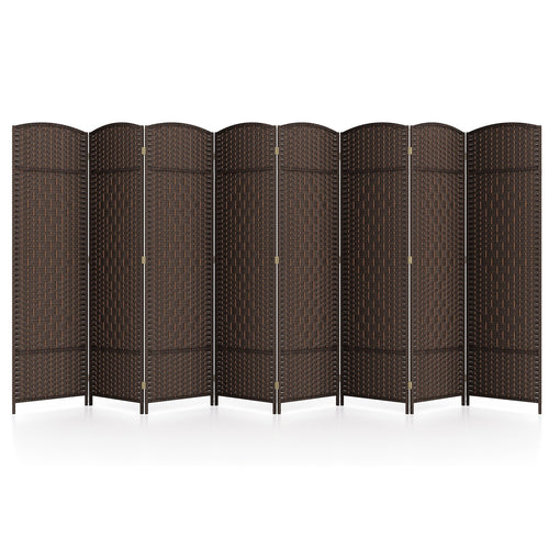 8-Panel Folding Room Divider with Hand-Woven Texture and Solid Wood Frame-Bown, Brown