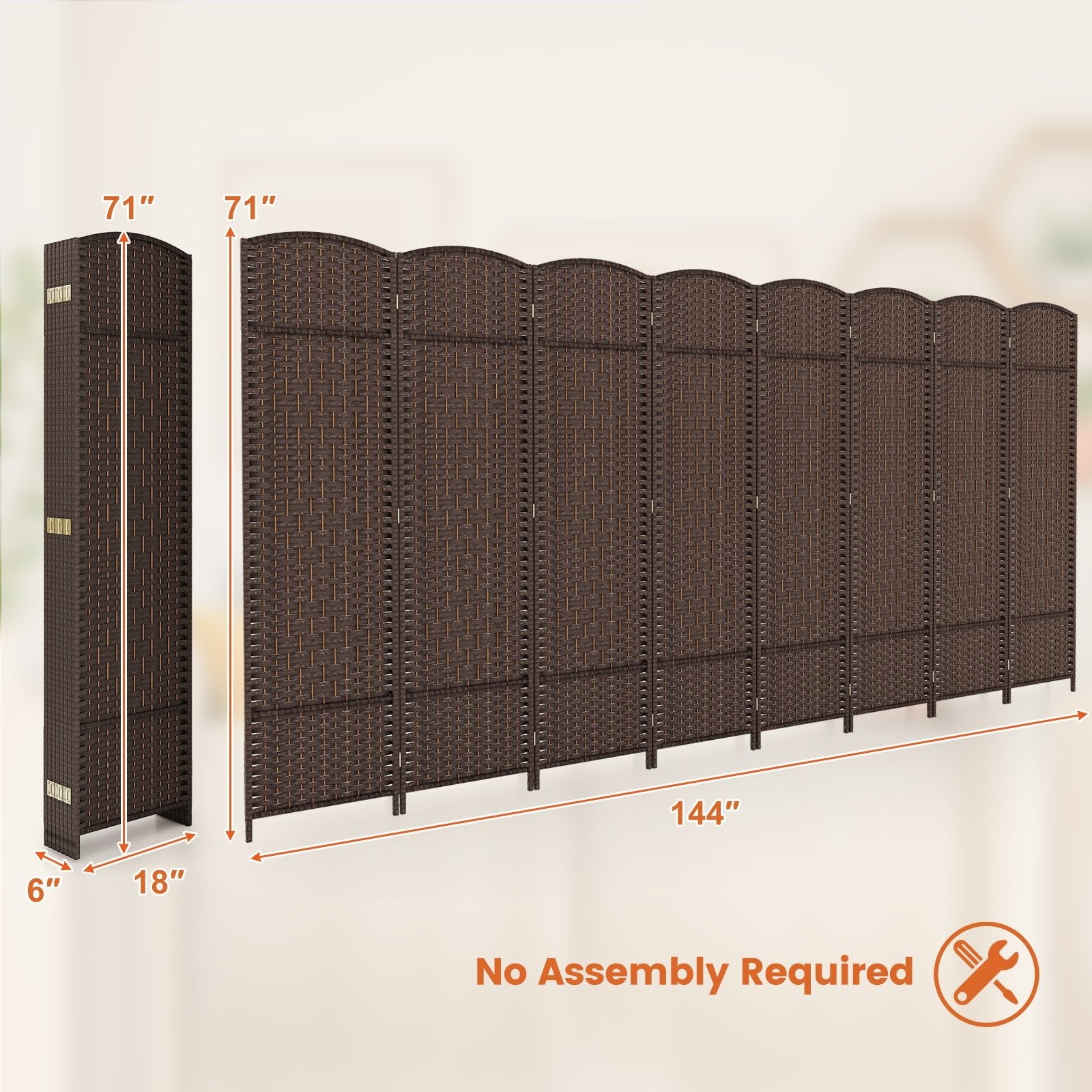 8-Panel Folding Room Divider with Hand-Woven Texture and Solid Wood Frame-Bown, Brown Room Dividers   at Gallery Canada