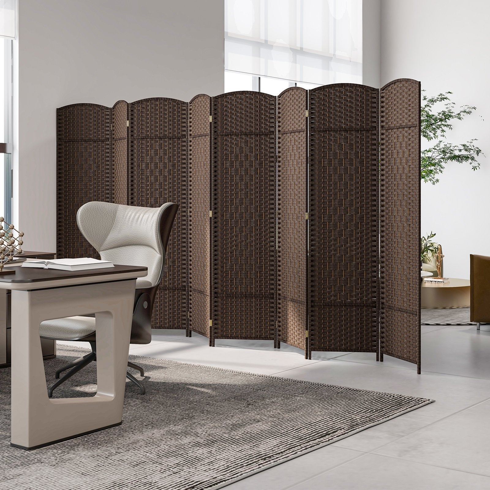 8-Panel Folding Room Divider with Hand-Woven Texture and Solid Wood Frame-Bown, Brown Room Dividers   at Gallery Canada