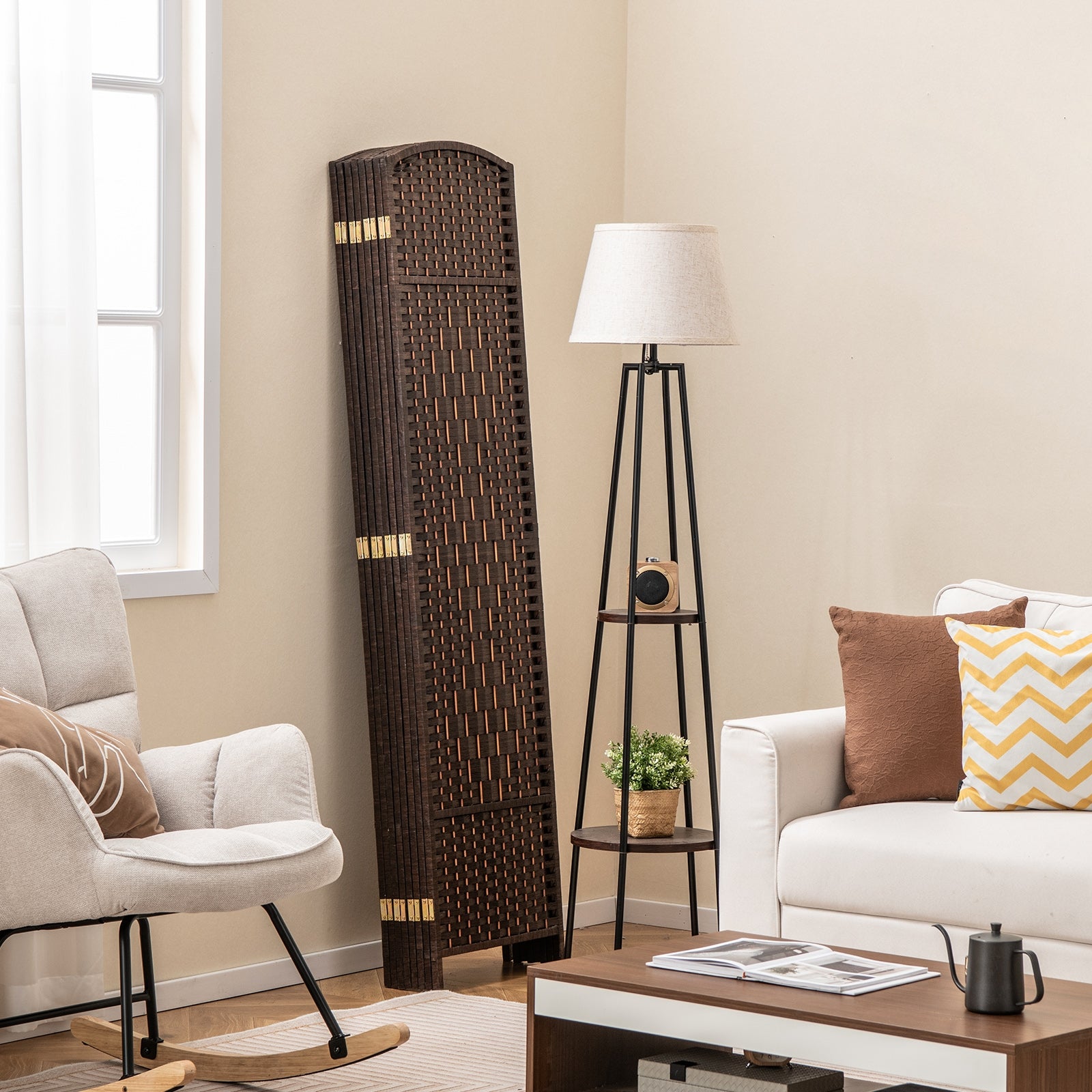 8-Panel Folding Room Divider with Hand-Woven Texture and Solid Wood Frame-Bown, Brown Room Dividers   at Gallery Canada