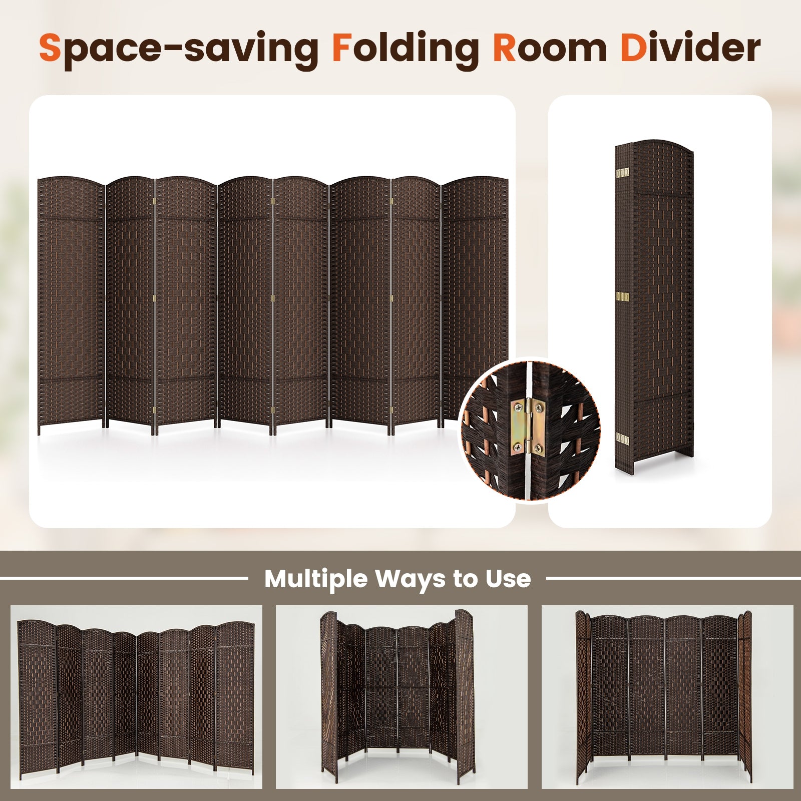 8-Panel Folding Room Divider with Hand-Woven Texture and Solid Wood Frame-Bown, Brown Room Dividers   at Gallery Canada