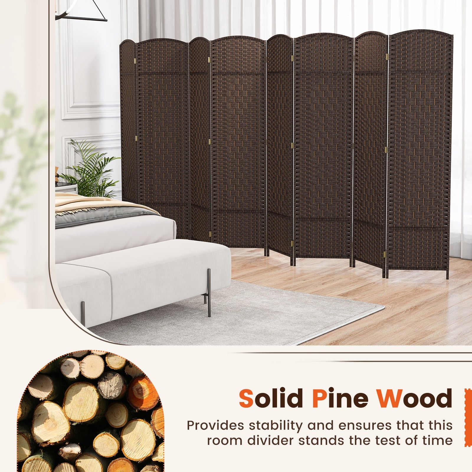 8-Panel Folding Room Divider with Hand-Woven Texture and Solid Wood Frame-Bown, Brown Room Dividers   at Gallery Canada