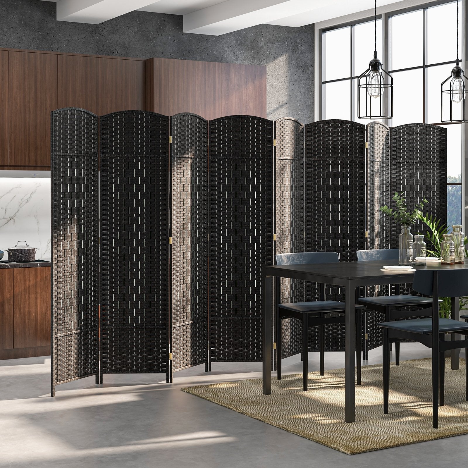 8-Panel Folding Room Divider with Hand-Woven Texture and Solid Wood Frame, Black Room Dividers   at Gallery Canada