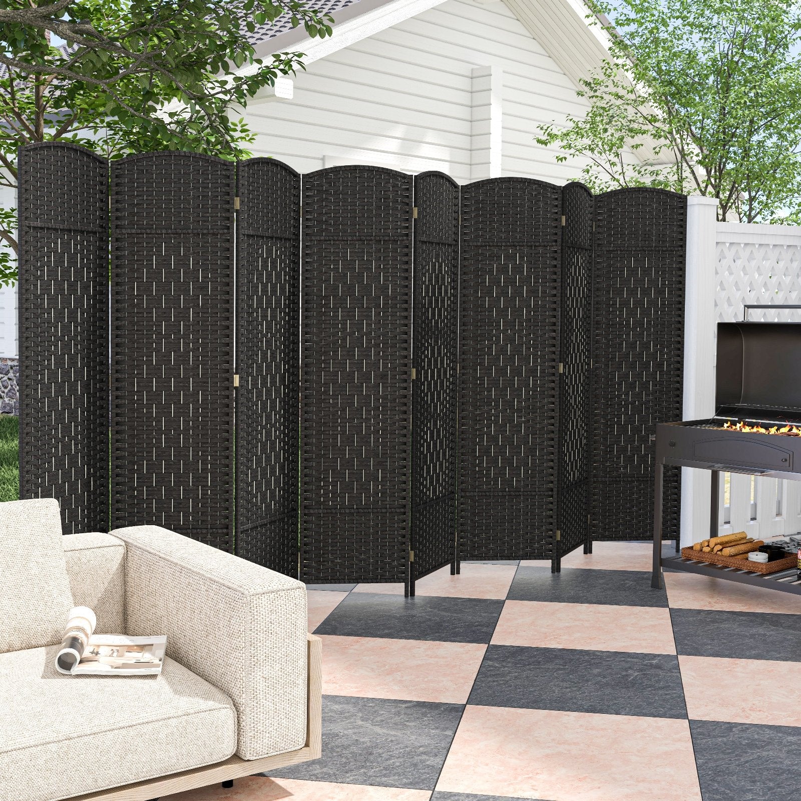 8-Panel Folding Room Divider with Hand-Woven Texture and Solid Wood Frame, Black Room Dividers   at Gallery Canada