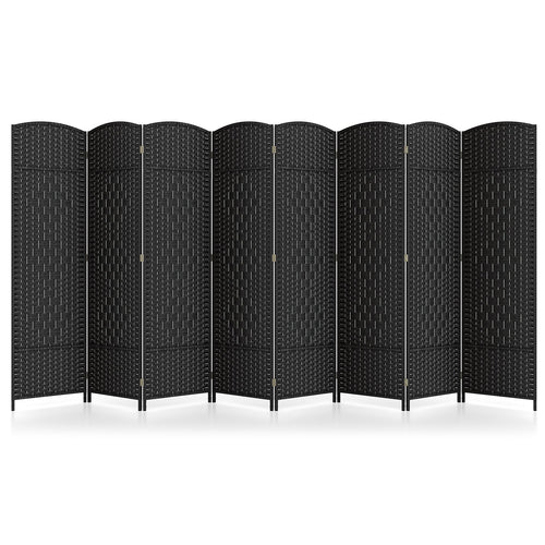 8-Panel Folding Room Divider with Hand-Woven Texture and Solid Wood Frame, Black