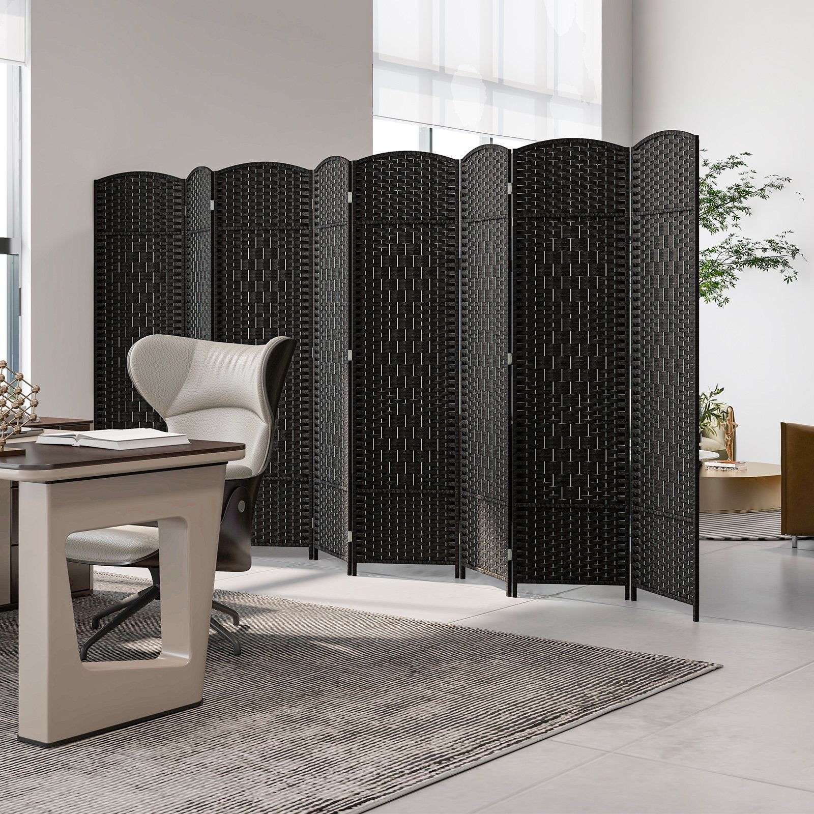 8-Panel Folding Room Divider with Hand-Woven Texture and Solid Wood Frame, Black Room Dividers   at Gallery Canada