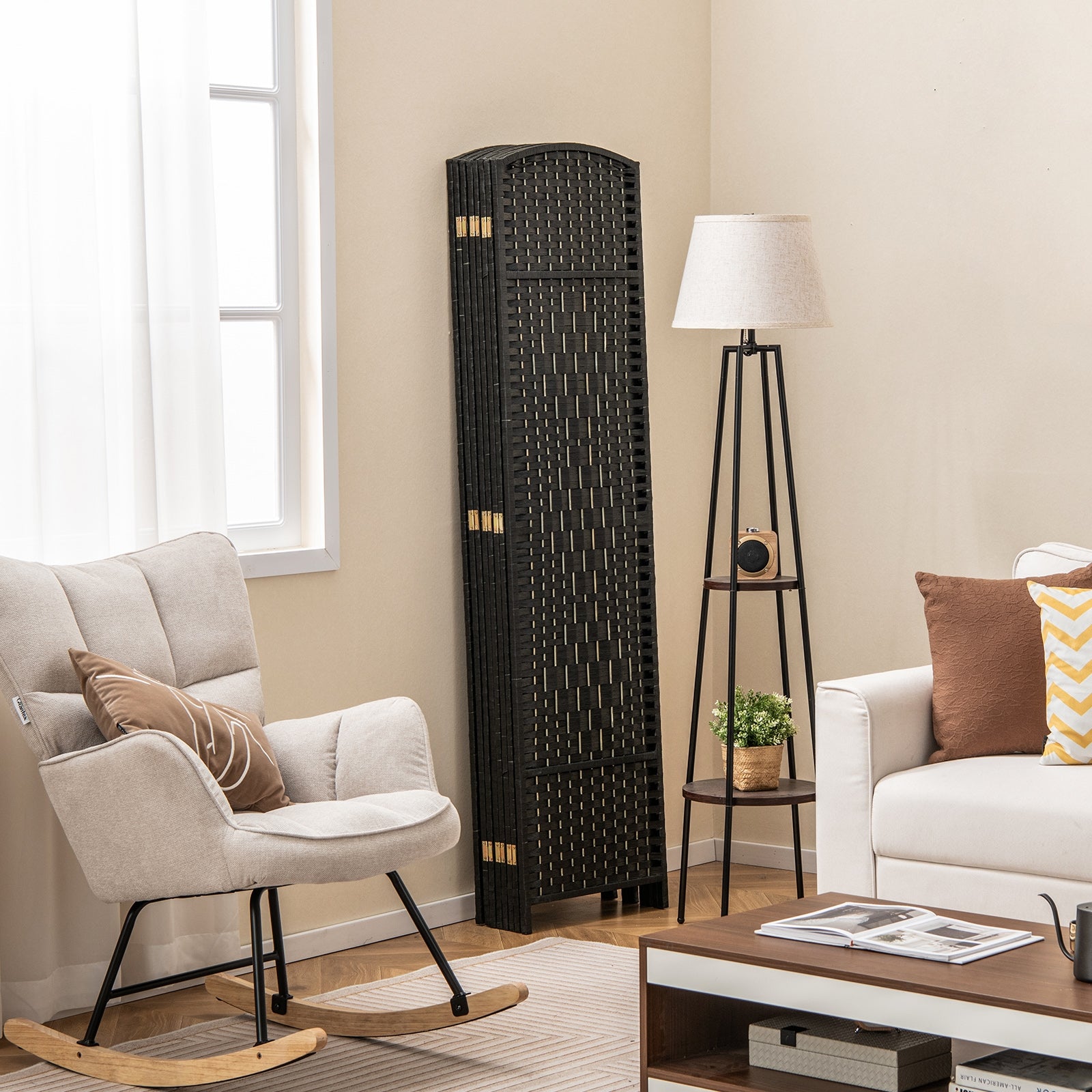 8-Panel Folding Room Divider with Hand-Woven Texture and Solid Wood Frame, Black Room Dividers   at Gallery Canada